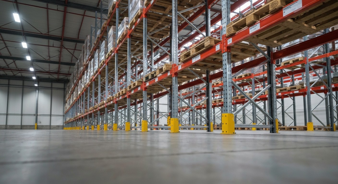 Vertical Warehouse Rack Lighting High-bay LED lighting illuminates vertical rack faces and inventory labels in a large warehouse zone.