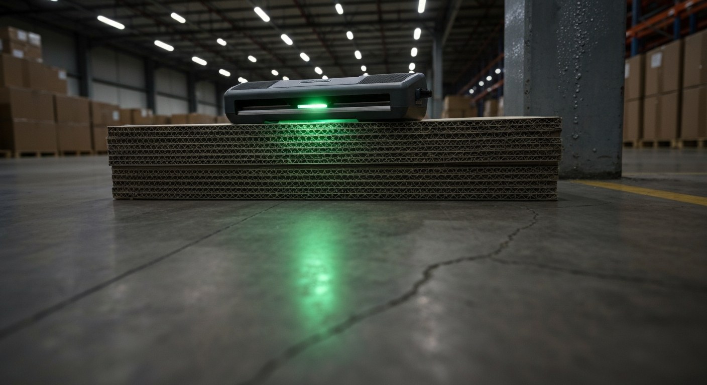 An industrial scanner resting on cardboard boxes in a dimly lit warehouse aisle.