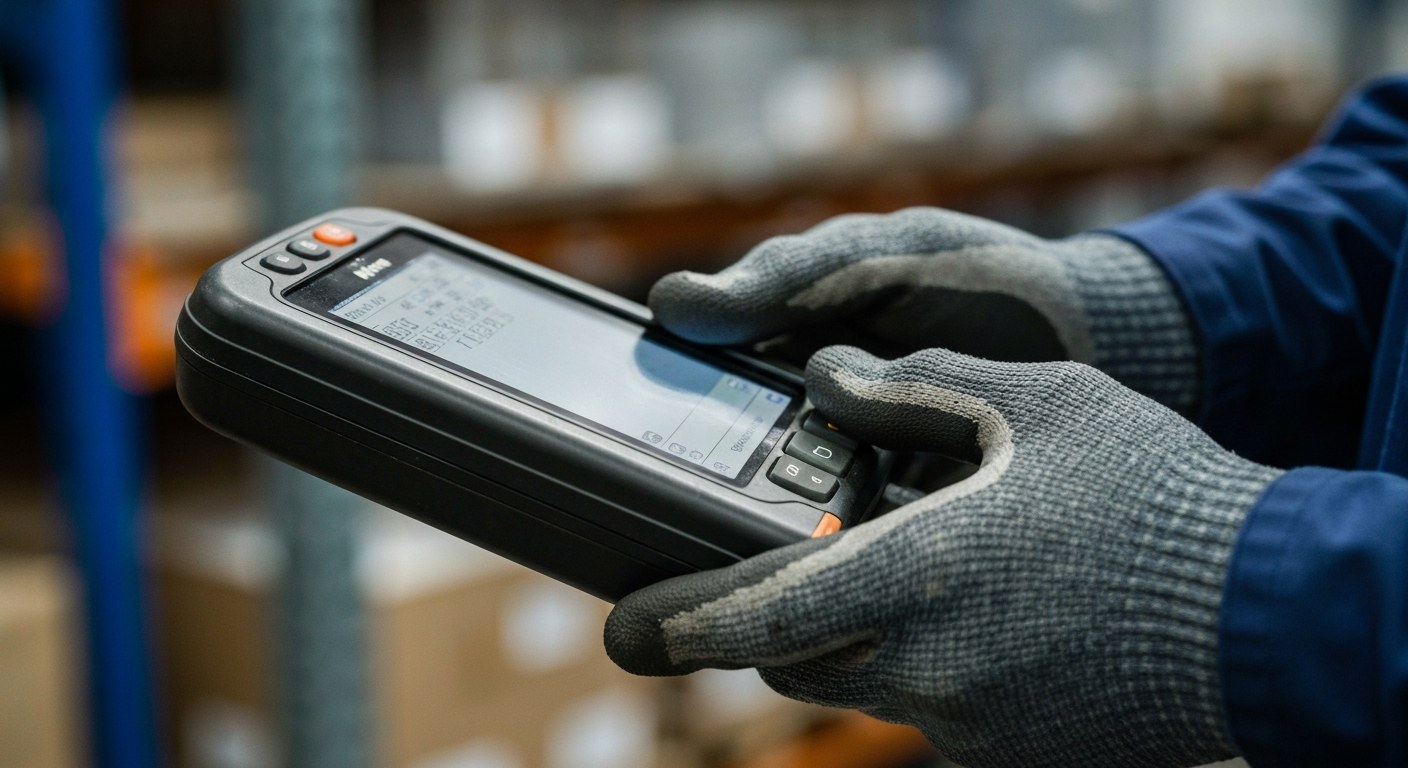 Warehouse Technology Integration Close-up of a warehouse worker using a handheld RF scanner device for inventory management.