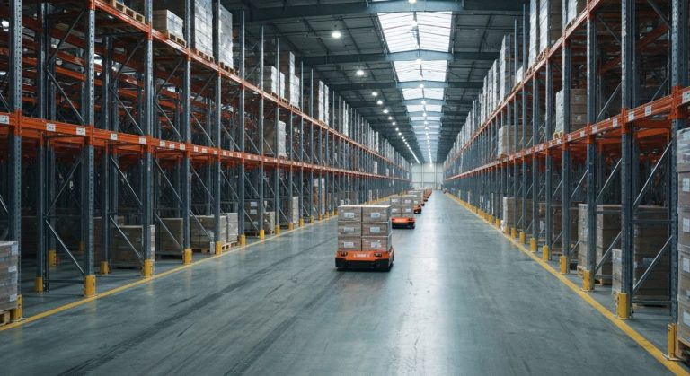 Amazon warehouse industry: Is It Safe? (Truth) 1 Wide view of a modern warehouse floor with inventory shelving and mobile robots.