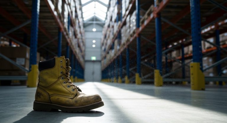 UPS Warehouse Drug Test: What They Check (2026) 5 High-visibility safety boots standing on a concrete floor in a modern warehouse environment.