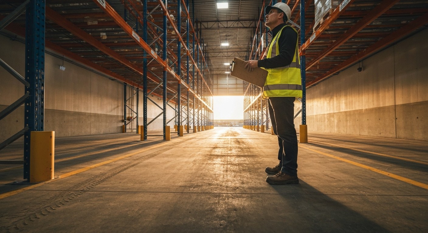 Warehouse Safety Audit Process A safety committee member conducts an audit of high-bay racking on a warehouse floor during sunset.