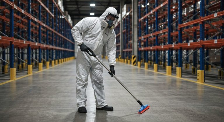 Owl-Proofing Warehouse in 5 Steps (Fast!) 2 A technician in a white hazmat suit cleaning a concrete warehouse floor near tall metal storage racks.