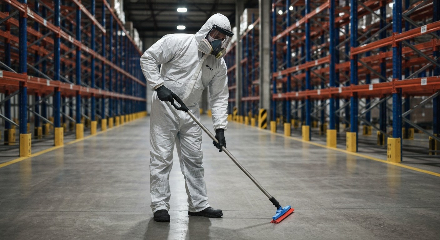 Industrial Sanitation for Avian Contamination A technician in a white hazmat suit cleaning a concrete warehouse floor near tall metal storage racks.