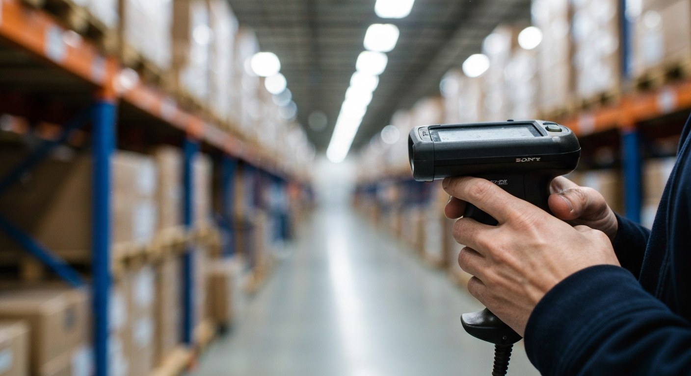 Amazon Warehouse Scanner Detail Close-up of hands using an industrial handheld scanner in a warehouse setting