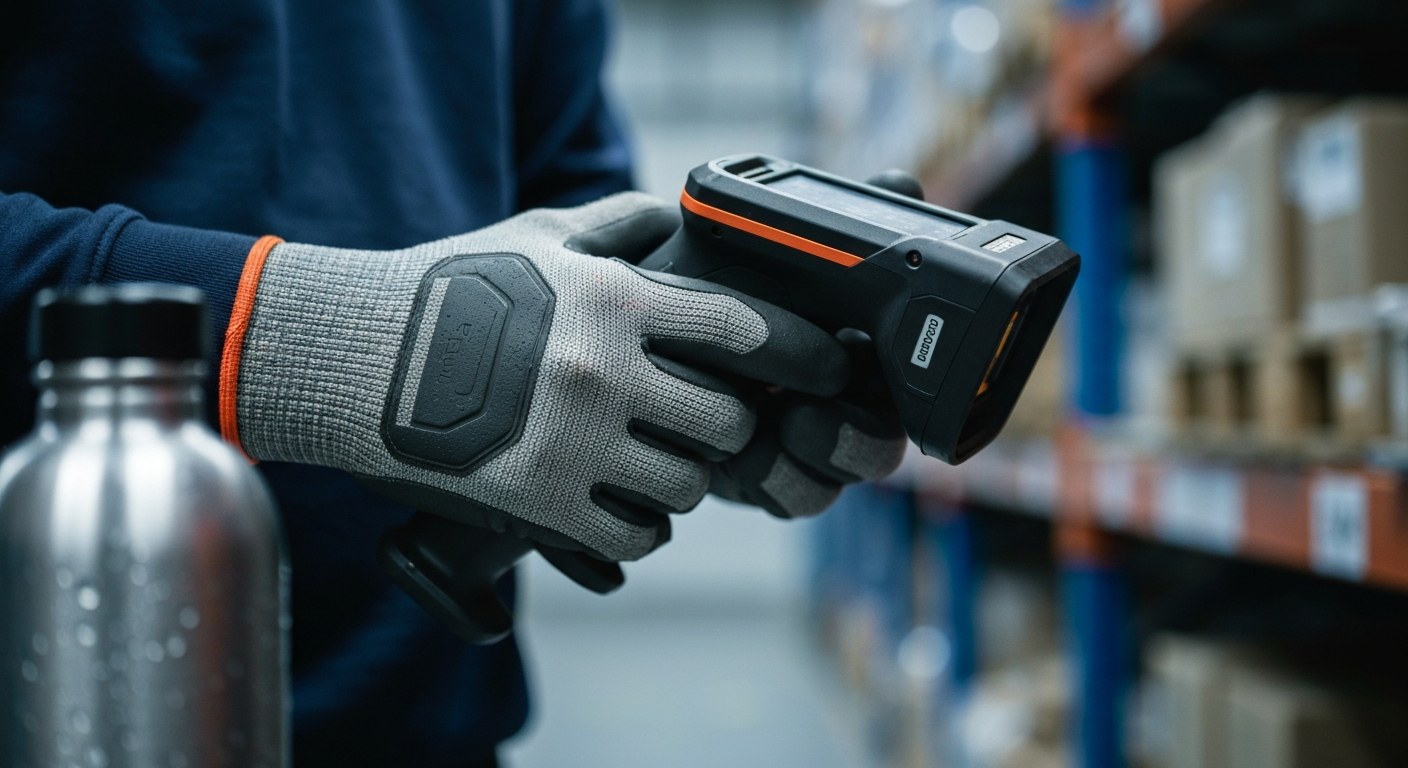 Warehouse Shift Differential Logistics Close-up of gloved hands holding a handheld logistics scanner in a warehouse during an overnight shift.