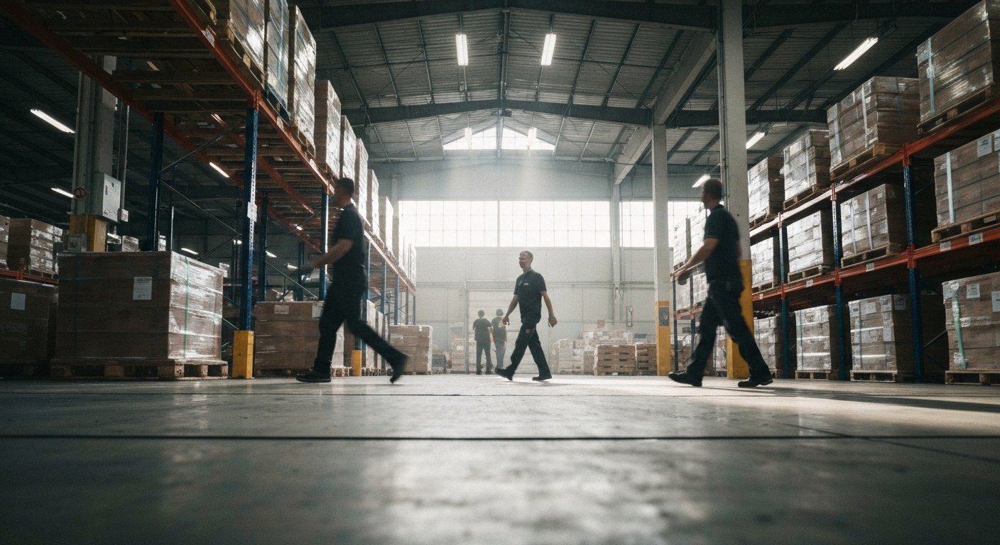 Logistics Warehouse Shift Rhythm Wide view of a large, busy distribution hub during a shift change with natural light streaming through windows.