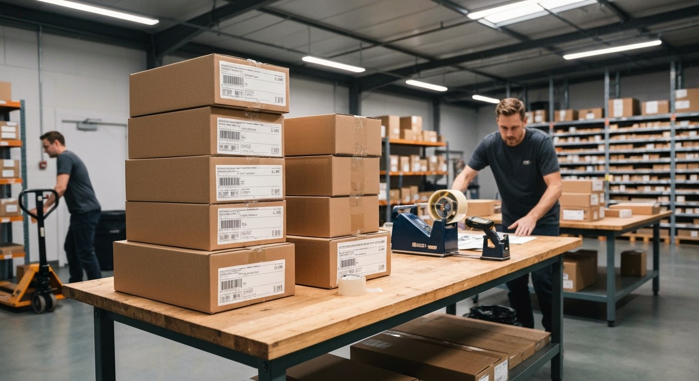 Optimizing Inventory Turnover and KPIs An organized warehouse packing station with labeled boxes and shipping equipment ready for transport.