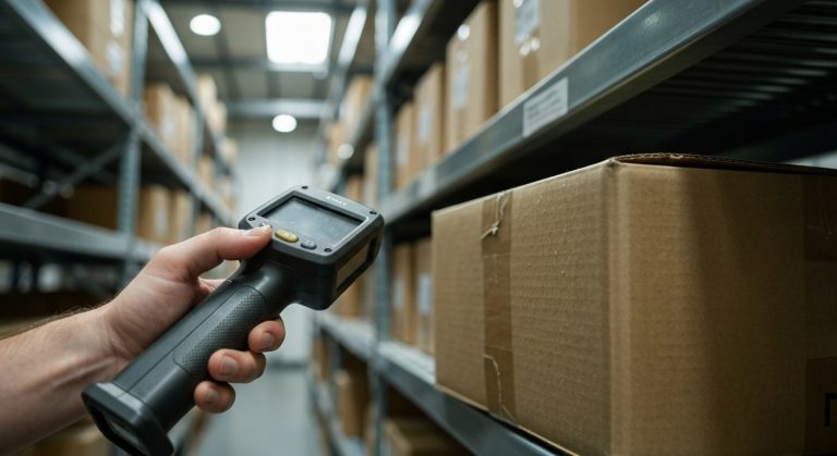 Close-up of a worker's hand holding a barcode scanner pointed at a cardboard box in a warehouse setting.