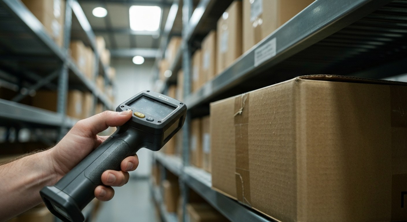 Close-up of a worker's hand holding a barcode scanner pointed at a cardboard box in a warehouse setting.