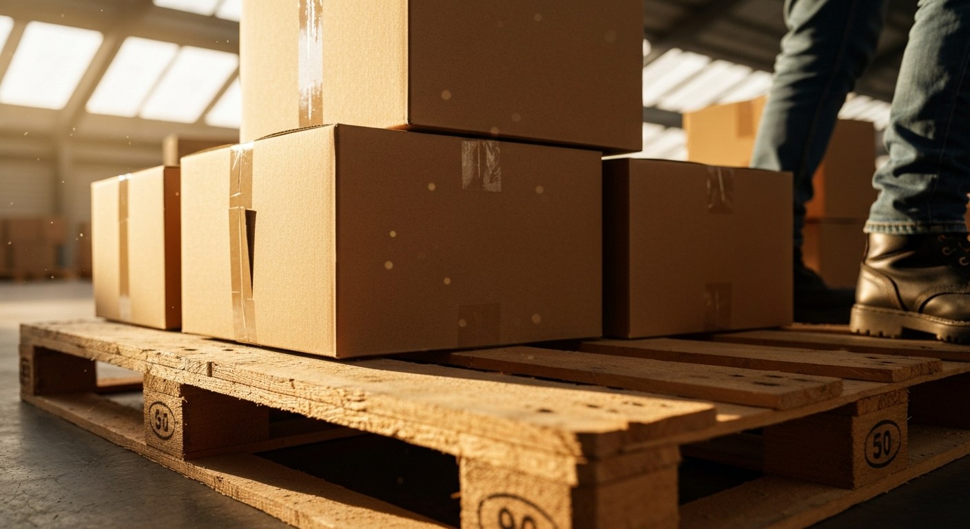 Close-up of cardboard boxes stacked on a wooden pallet in a sunlit warehouse with a worker's boot visible.