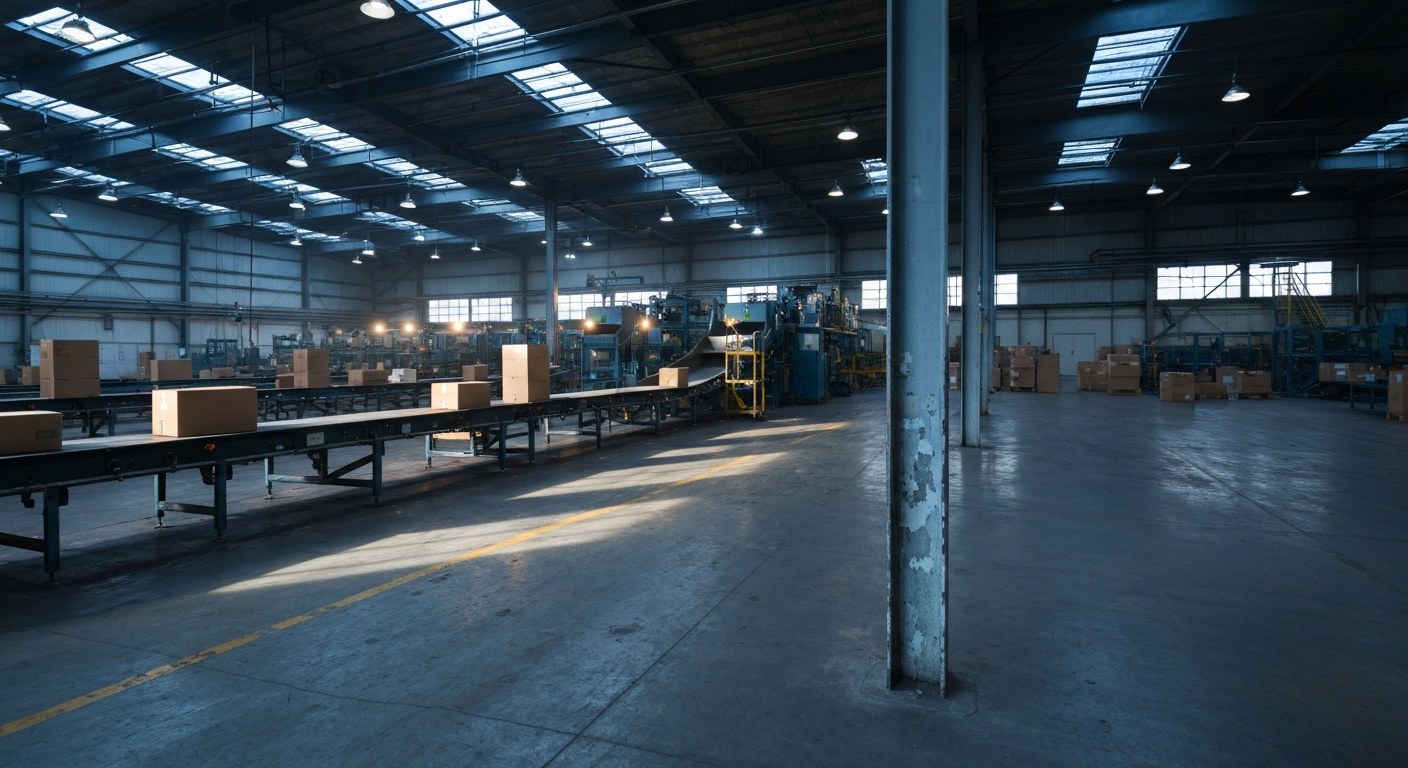 Warehouse Facility Preload Shift Wide view of a large warehouse sorting area with conveyor belts illuminated by early morning dawn light.