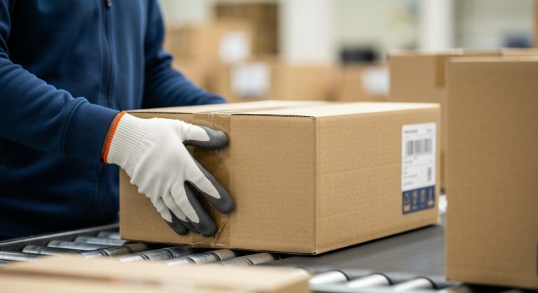 Warehouse worker sorting packages on a conveyor belt, showing hands and cardboard boxes.