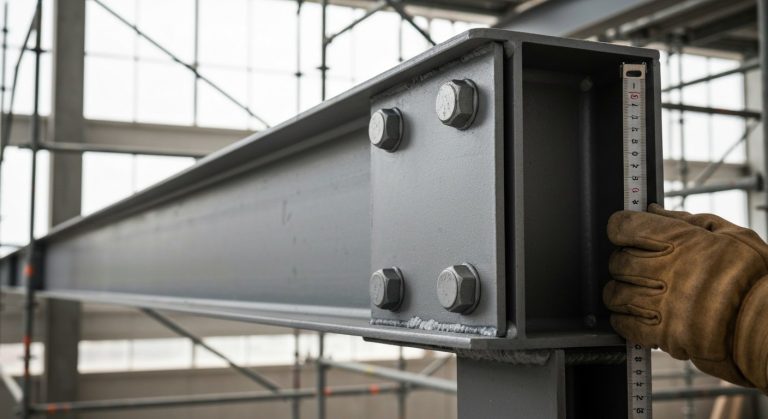Close-up of industrial steel beams and heavy bolts at a warehouse construction site with soft natural lighting.