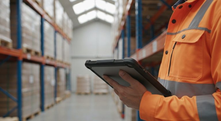 Close-up of a person's hands using a tablet in a warehouse, with blurred industrial shelving in the background.