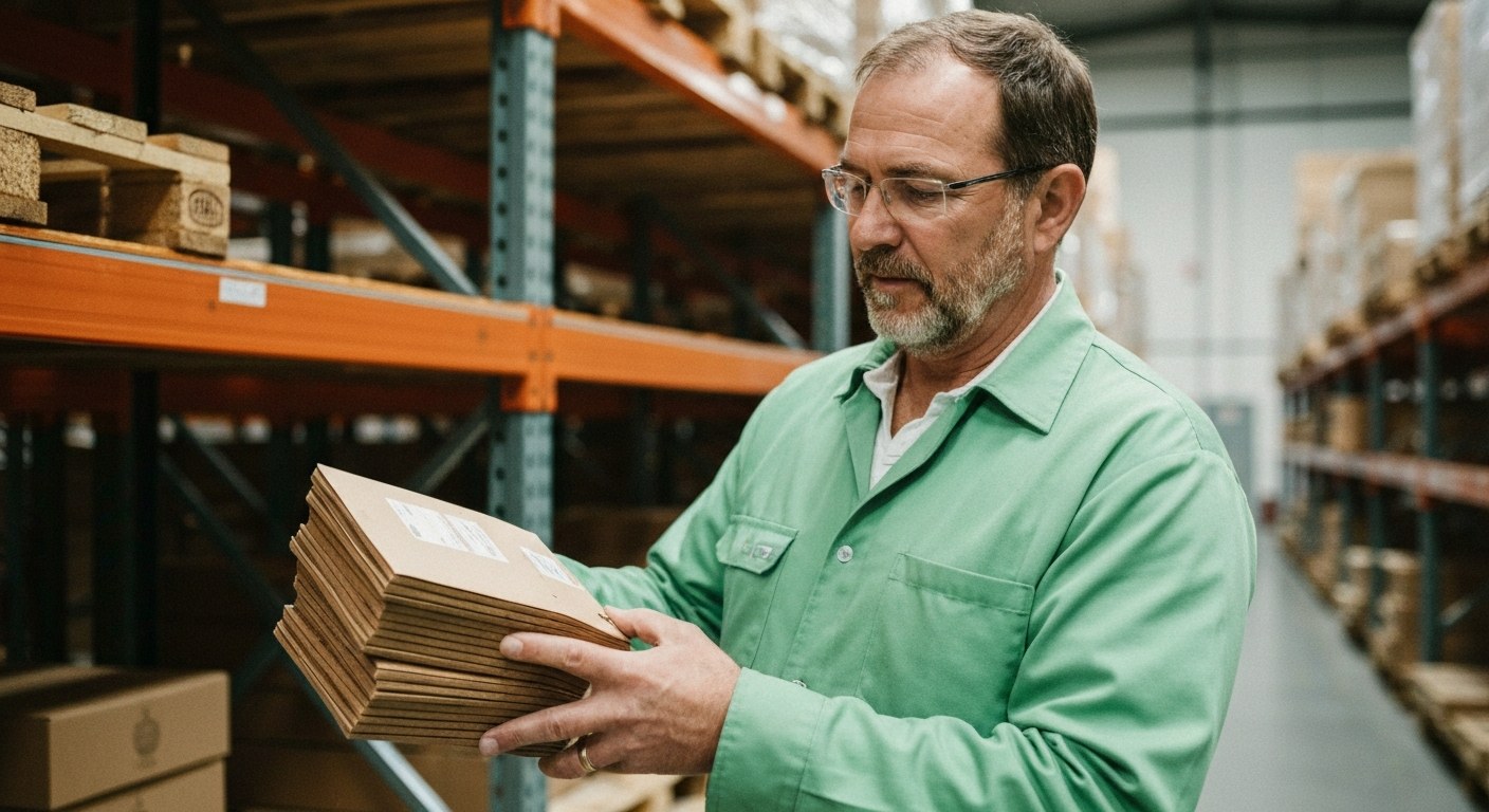 Sustainability Standards in Food Logistics A warehouse inspector examining new eco-friendly packaging in a distribution center.