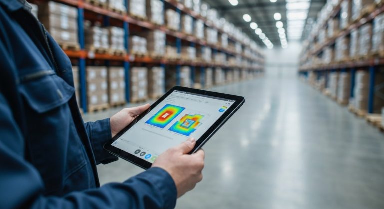 An engineer analyzing 3D thermal heatmap data on a tablet in a modern warehouse environment.