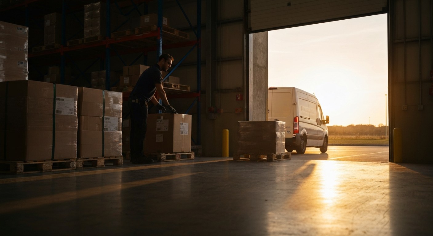 The Path from Warehouse to Driver A warehouse worker looking from an internal loading dock bay towards a blurred delivery vehicle parked outside in golden hour light.