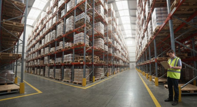 Cross-Docking vs Warehousing: Which Wins? (ROI) 10 A large warehouse with tall metal racks filled with pallets, lit by sunlight through high windows with dust motes.