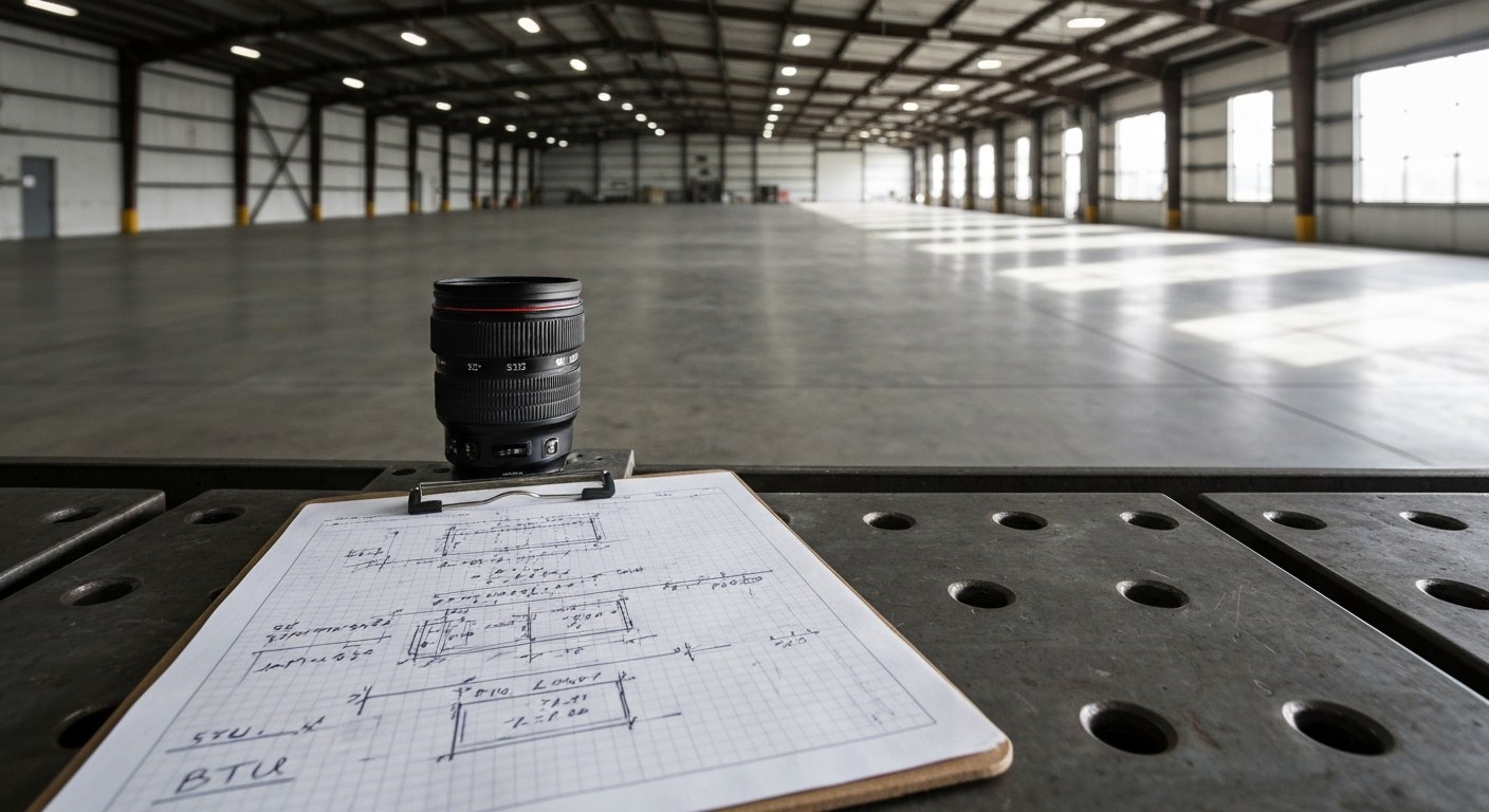 Handwritten BTU calculations on graph paper in an expansive warehouse workspace.