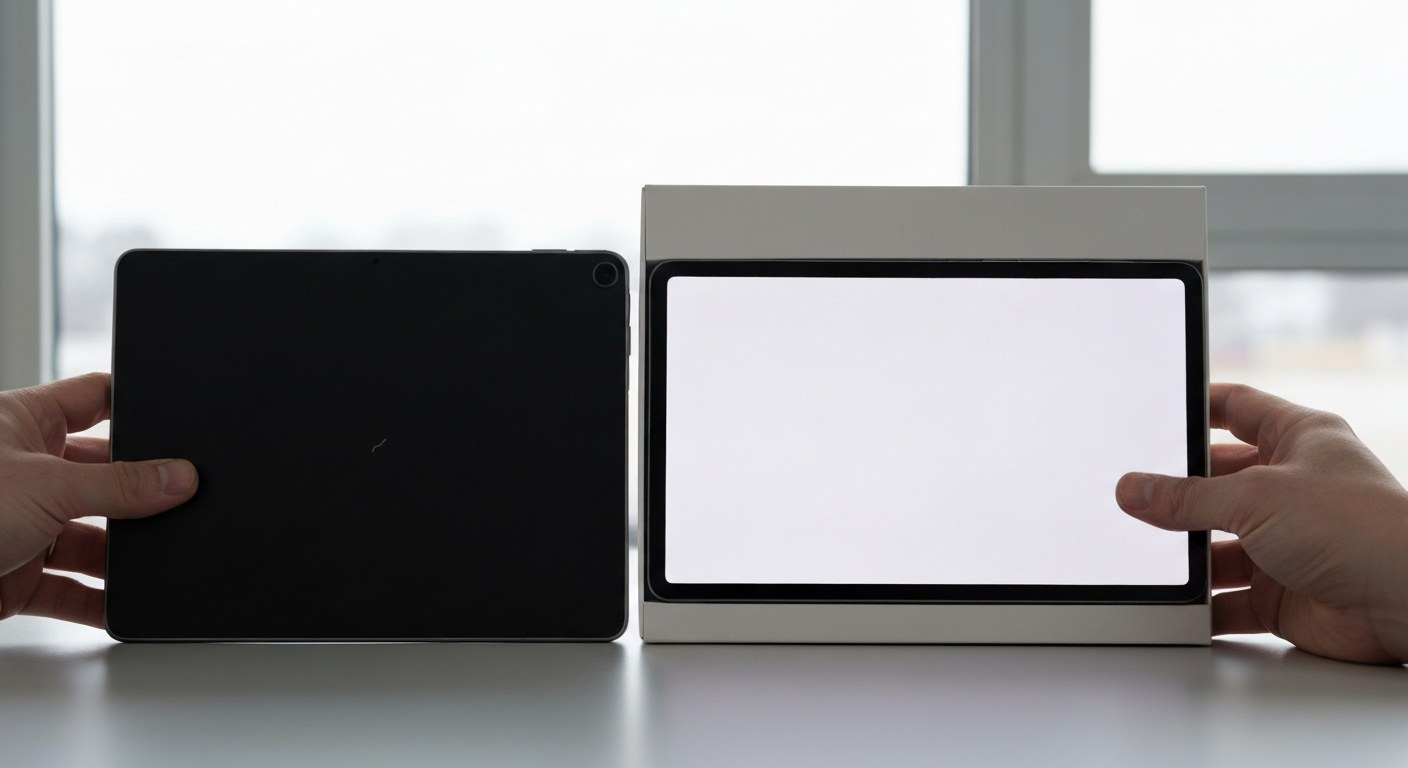 Two tablets on a grey workspace, one showing minor cosmetic flaws and the other appearing professionally refurbished.