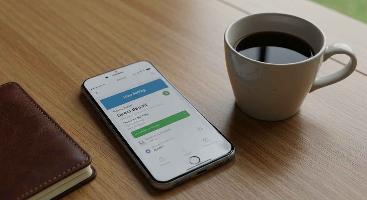 Standard Warehouse Pay Schedule Overview Smartphone displaying a Friday morning payroll direct deposit notification next to a coffee cup on a wooden desk.