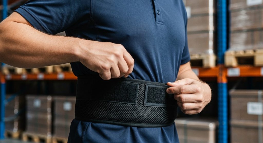 A warehouse worker in a navy shirt adjusts a black ergonomic back brace belt in a bright, modern warehouse.