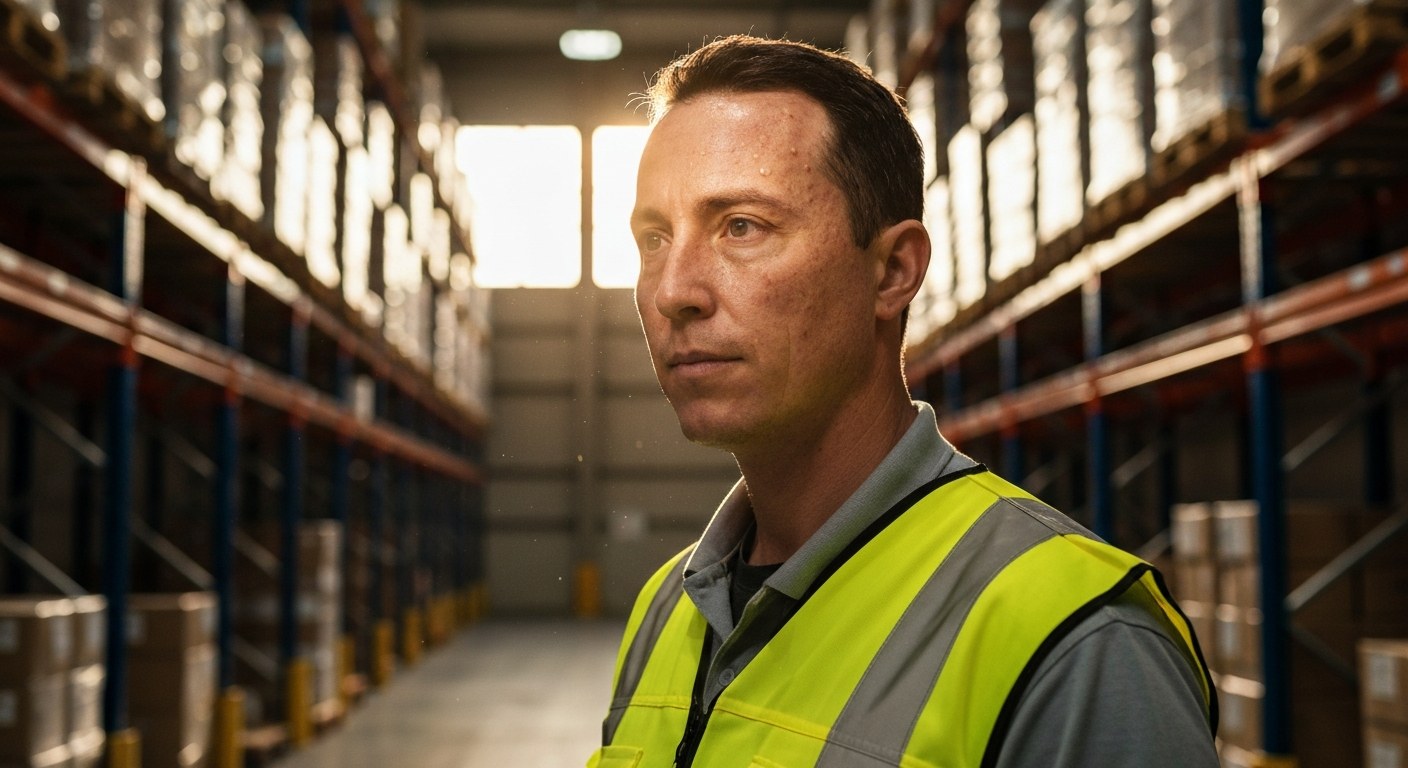 Warehouse Worker During Busy Key Event Date A warehouse worker standing in an aisle with high shelves, illuminated by warm afternoon sunlight.