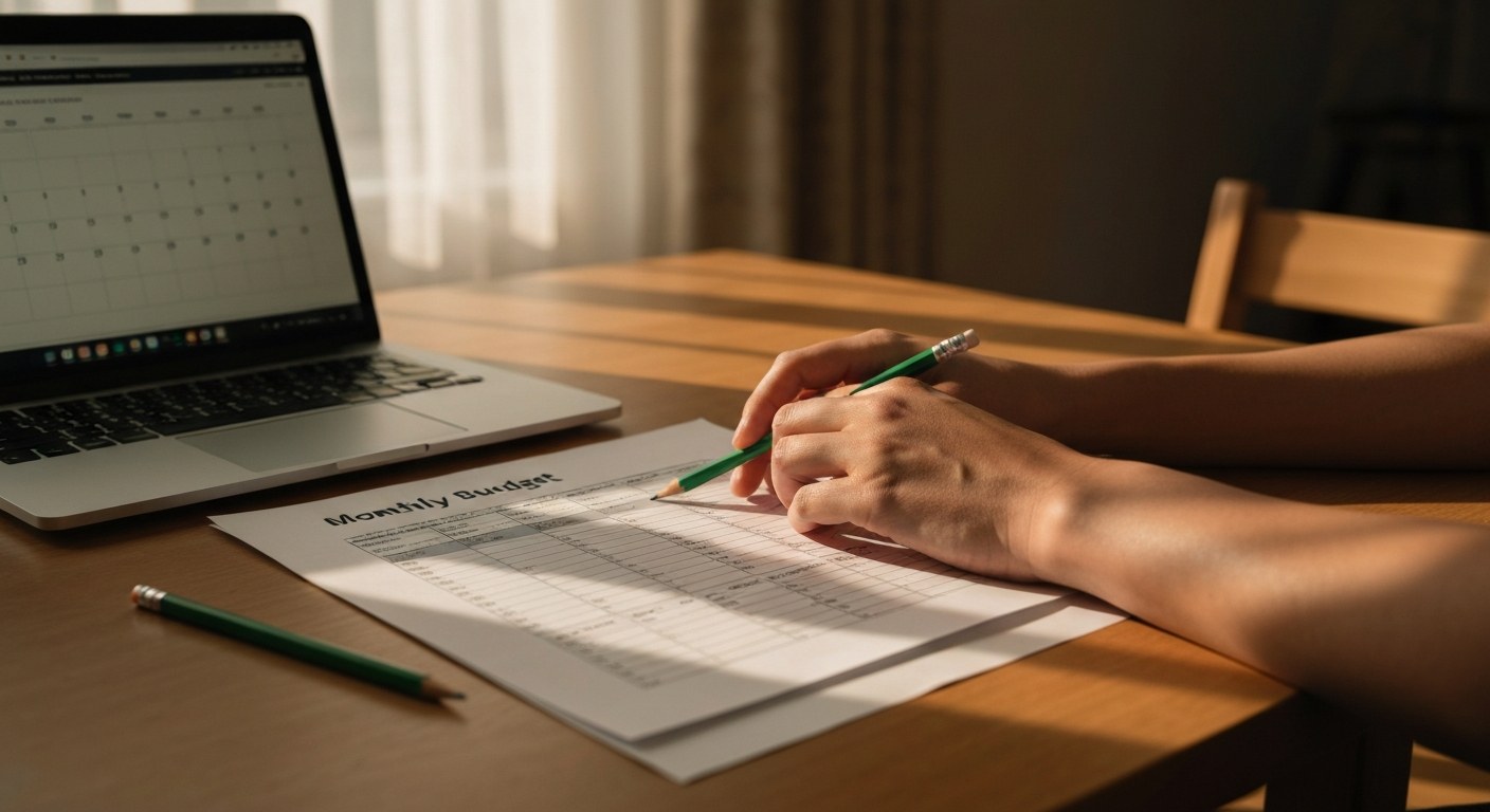 Budgeting Strategies for Logistics Pros Warehouse worker reviewing a printed monthly budget on a kitchen table during the golden hour.