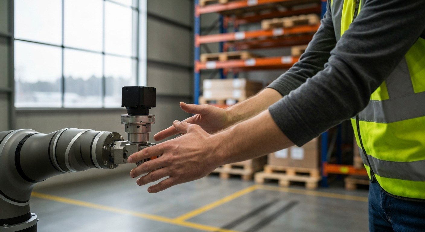 A warehouse worker in a high-vis vest working alongside a robotic arm in a clean, modern logistics center.