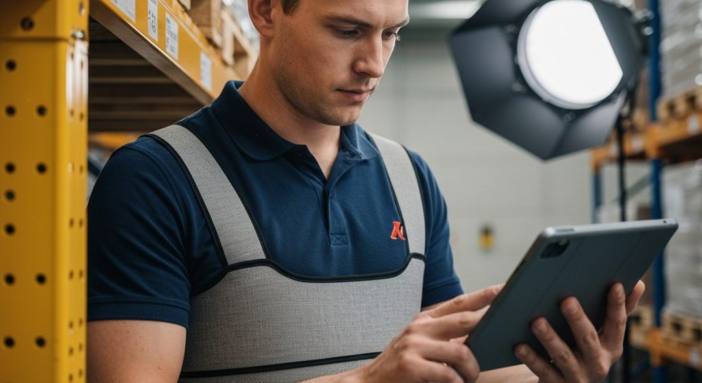 A warehouse worker wearing a back brace checking a tablet in a logistics facility