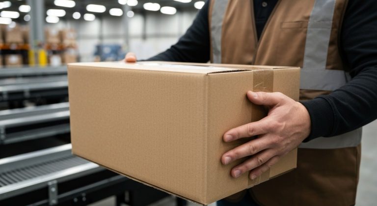 Close-up of a warehouse worker's hands in a brown vest holding a generic cardboard box in a logistics facility.