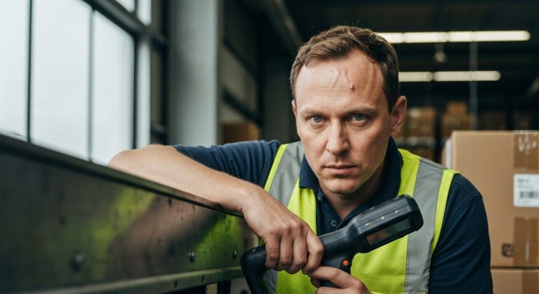 A warehouse worker in a logistics facility leans against a conveyor belt holding a digital scanner, shallow focus.