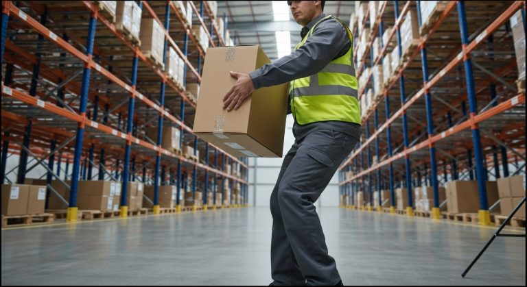 Back Support for Warehouse Workers (Avoid These!) 6 Warehouse worker demonstrating correct box lifting technique in a modern distribution center