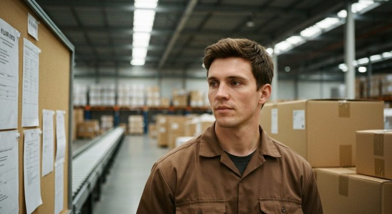 A warehouse worker in a brown uniform stands in a logistics facility, looking at a notice board under soft window light.