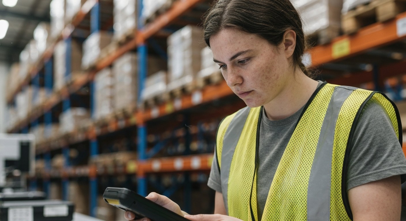 Minimum Age Requirement for Warehouse Associates A young adult warehouse worker in a safety vest looks at a handheld scanner in a bright, modern logistics facility.