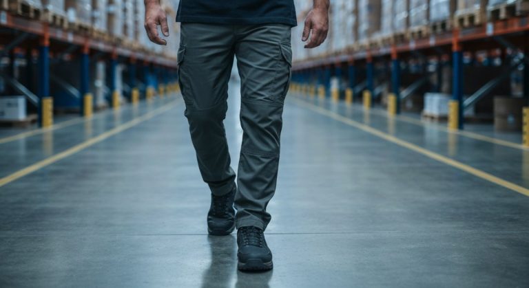 Close-up of a warehouse worker in breathable, fitted work trousers walking on a factory floor.
