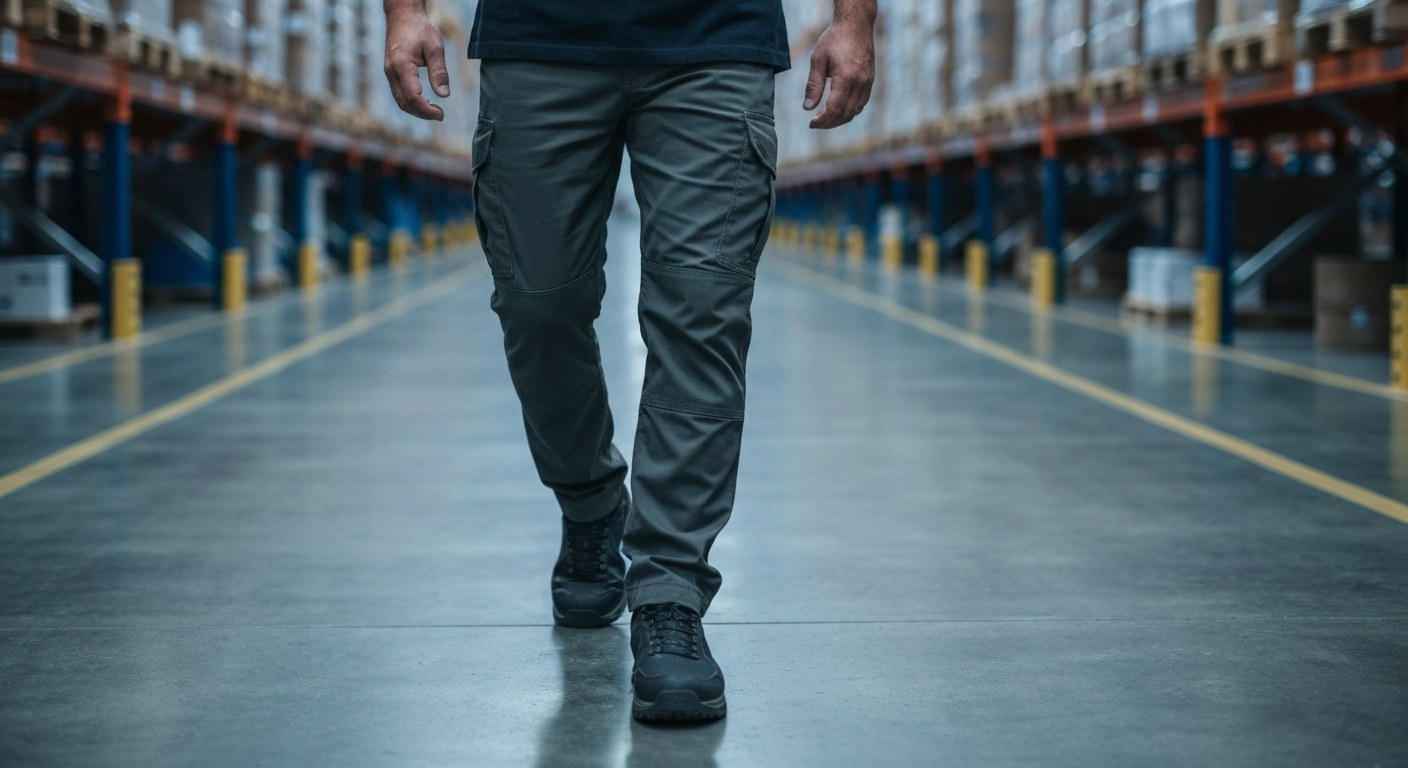 Close-up of a warehouse worker in breathable, fitted work trousers walking on a factory floor.