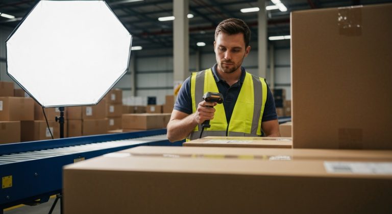 A warehouse worker adjusting a scanning device next to cardboard packages in a logistics facility.