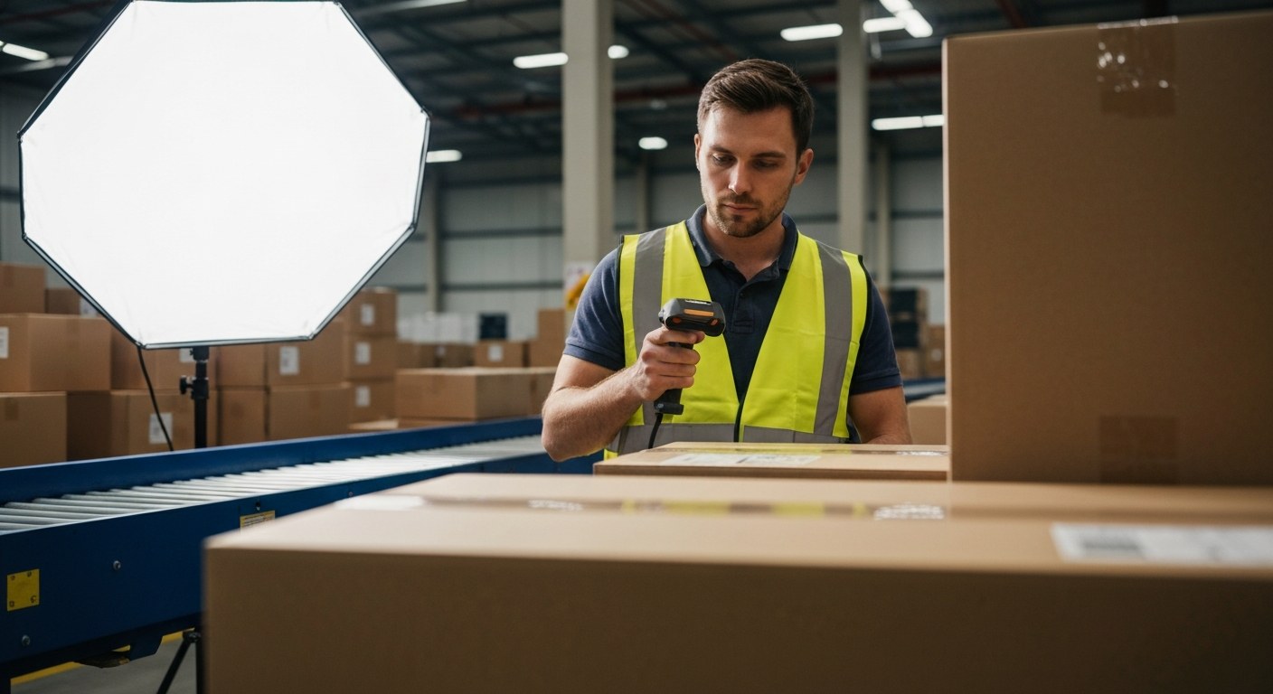 A warehouse worker adjusting a scanning device next to cardboard packages in a logistics facility.