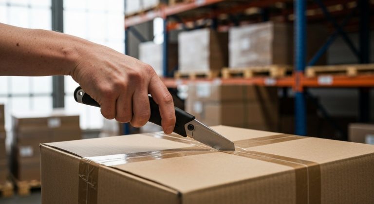 Close-up of a worker's hands using a black ergonomic safety knife to cut through tape on a cardboard shipping box.