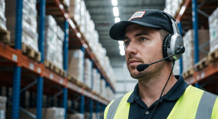 Warehouse worker wearing a professional voice picking headset in an industrial distribution center.