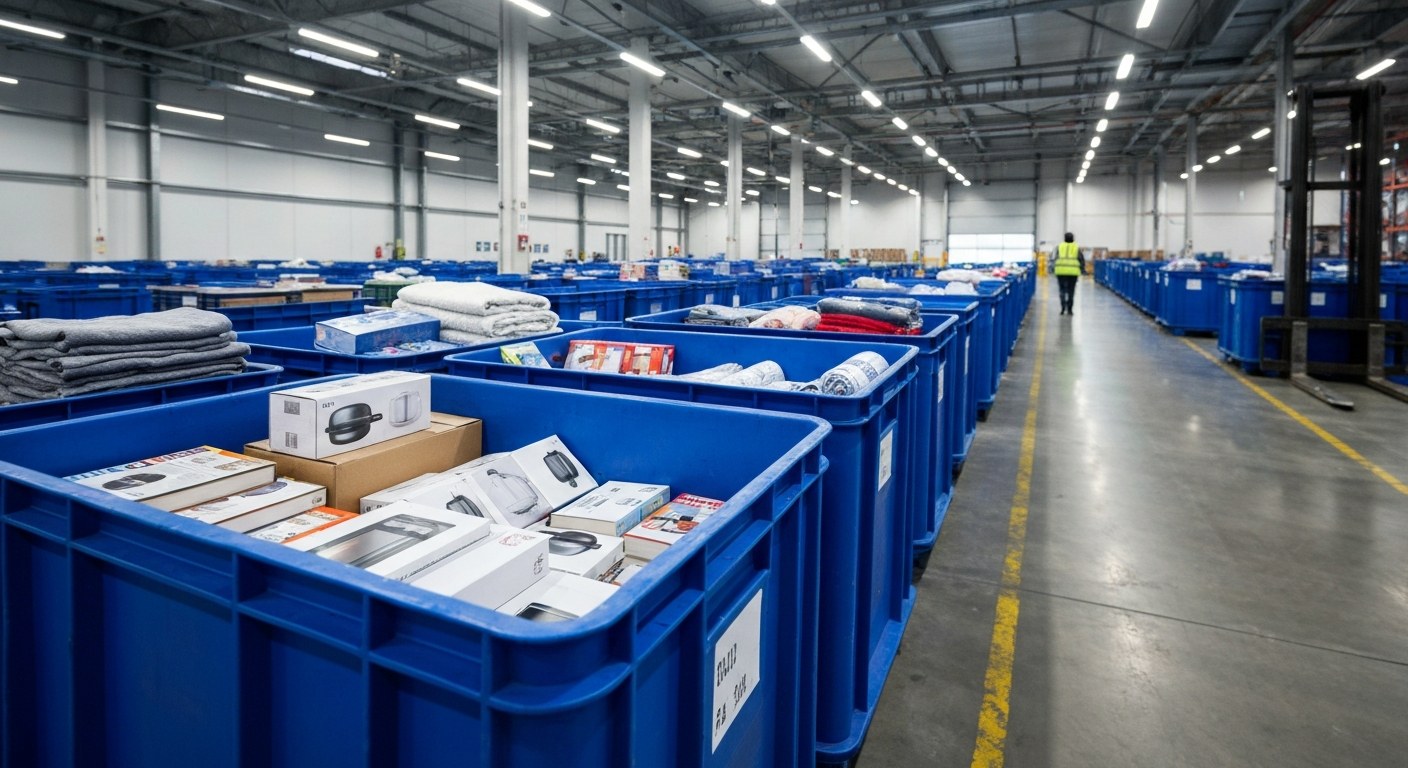 A large blue industrial bin in a warehouse filled with various unboxed consumer items ready for shipping.