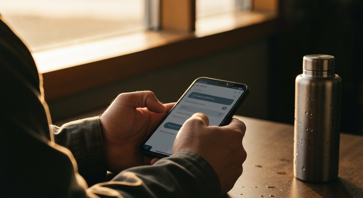 Checking Weekly Pay Deposit on Mobile Close-up of a worker's hands holding a smartphone in a sunlit breakroom, showing a mobile banking screen.