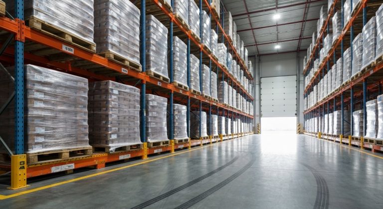 A wide interior view of a high-ceilinged warehouse with orange steel racks and shrink-wrapped pallets on a concrete floor.