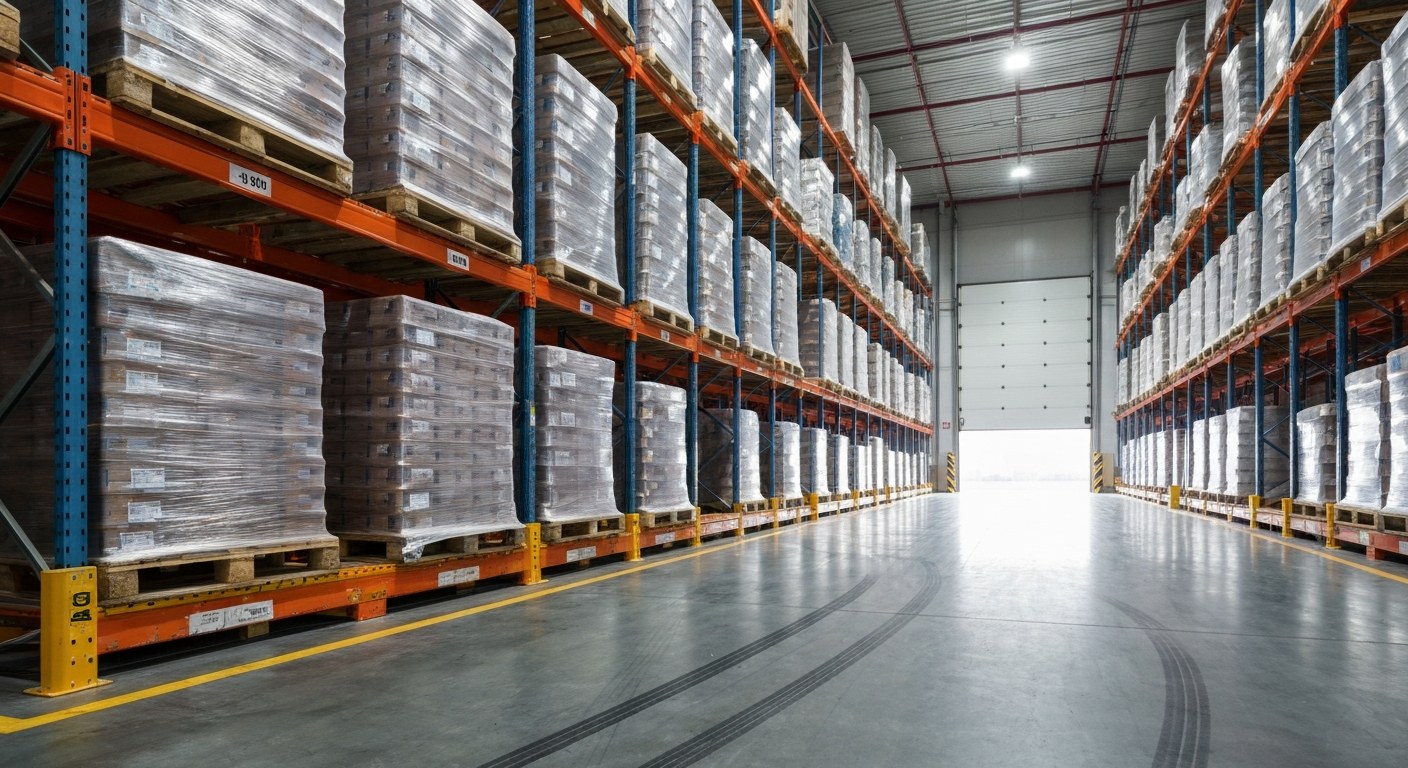 High-Efficiency Warehouse Distribution Center A wide interior view of a high-ceilinged warehouse with orange steel racks and shrink-wrapped pallets on a concrete floor.