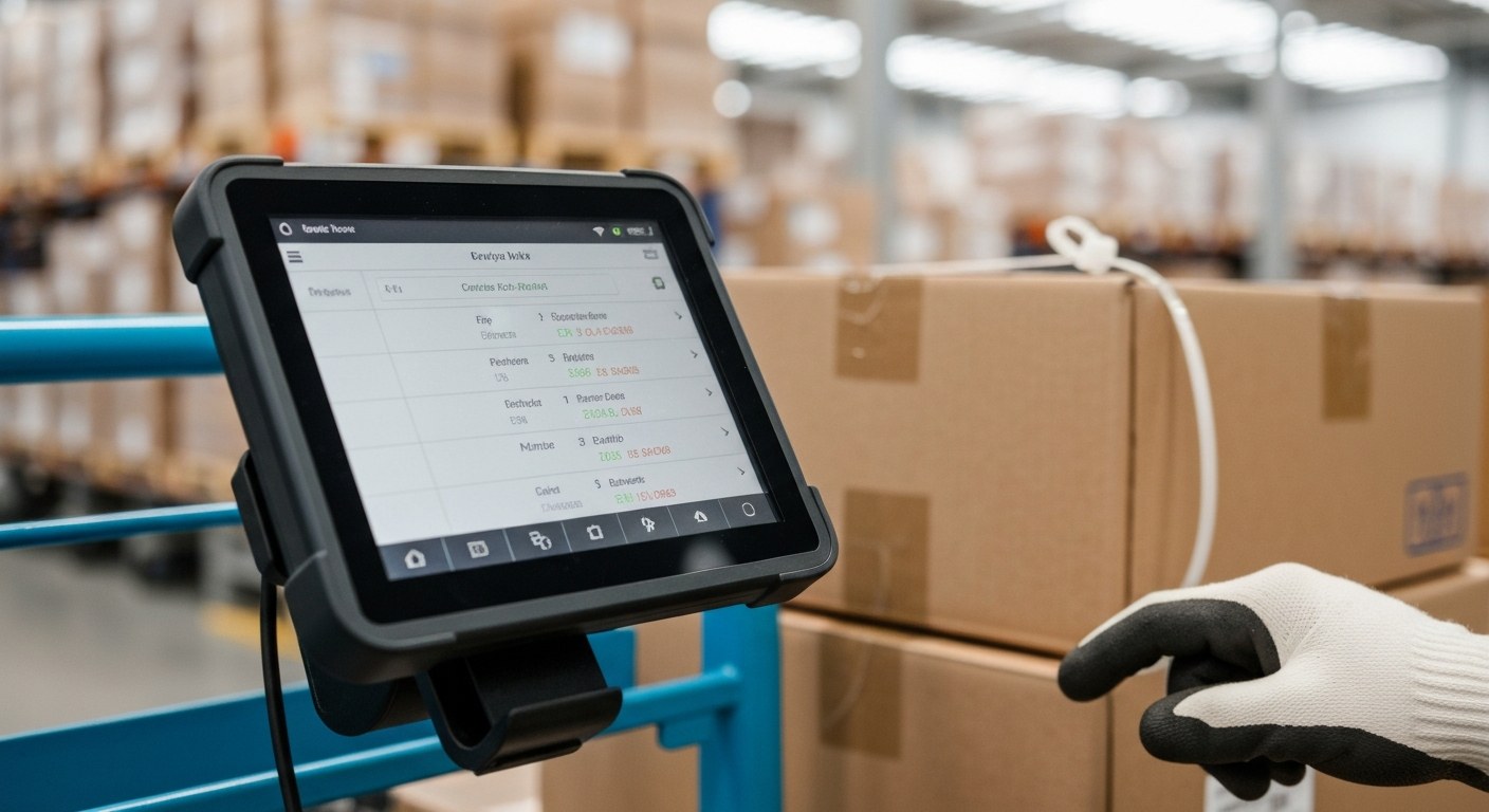 Real-Time Warehouse WMS Integration Close-up of a rugged tablet displaying real-time warehouse management system data on a picking cart.