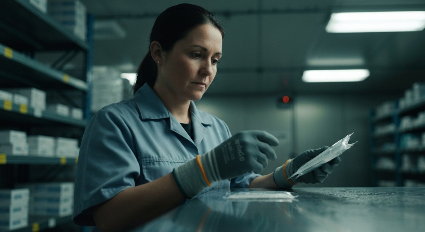 High-Paying Pharma Logistics Roles Close-up of a worker inspecting a package in a temperature-controlled pharmaceutical warehouse with soft lighting.
