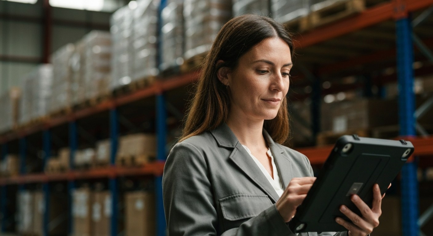 Tech Literacy in Modern Warehousing A woman in a safety vest looking at a tablet in a bright, modern warehouse with high shelves in the background.