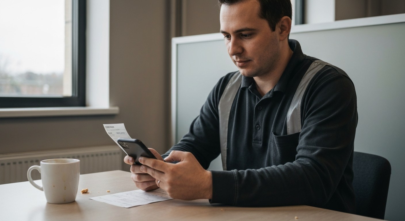 Warehouse worker reviewing pay information on a smartphone in a breakroom.